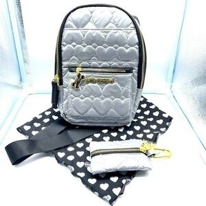 BETSEY JOHNSON three piece silver and gold doggie backpack, scarf and treat bag